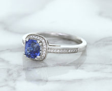 Load image into Gallery viewer, 1.36ct Cushion Blue Sapphire Ring with Diamond Halo in 14K White Gold