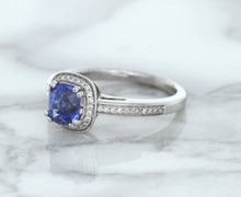 Load image into Gallery viewer, 1.36ct Cushion Blue Sapphire Ring with Diamond Halo in 14K White Gold