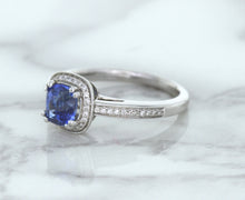 Load image into Gallery viewer, 1.36ct Cushion Blue Sapphire Ring with Diamond Halo in 14K White Gold