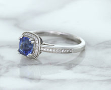 Load image into Gallery viewer, 1.36ct Cushion Blue Sapphire Ring with Diamond Halo in 14K White Gold