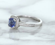 Load image into Gallery viewer, 1.36ct Cushion Blue Sapphire Ring with Diamond Halo in 14K White Gold