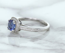 Load image into Gallery viewer, 1.36ct Cushion Blue Sapphire Ring with Diamond Halo in 14K White Gold