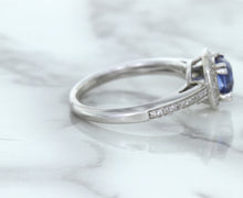 Load image into Gallery viewer, 1.36ct Cushion Blue Sapphire Ring with Diamond Halo in 14K White Gold