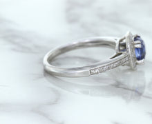 Load image into Gallery viewer, 1.36ct Cushion Blue Sapphire Ring with Diamond Halo in 14K White Gold