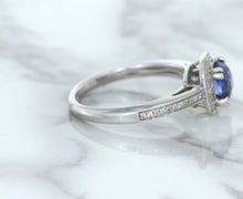 Load image into Gallery viewer, 1.36ct Cushion Blue Sapphire Ring with Diamond Halo in 14K White Gold