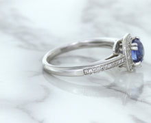 Load image into Gallery viewer, 1.36ct Cushion Blue Sapphire Ring with Diamond Halo in 14K White Gold