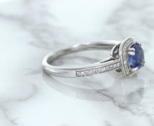 Load image into Gallery viewer, 1.36ct Cushion Blue Sapphire Ring with Diamond Halo in 14K White Gold