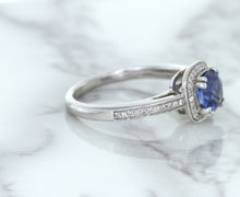 Load image into Gallery viewer, 1.36ct Cushion Blue Sapphire Ring with Diamond Halo in 14K White Gold