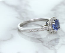 Load image into Gallery viewer, 1.36ct Cushion Blue Sapphire Ring with Diamond Halo in 14K White Gold