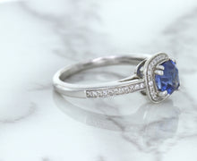 Load image into Gallery viewer, 1.36ct Cushion Blue Sapphire Ring with Diamond Halo in 14K White Gold