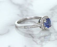 Load image into Gallery viewer, 1.36ct Cushion Blue Sapphire Ring with Diamond Halo in 14K White Gold
