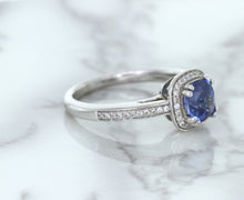 Load image into Gallery viewer, 1.36ct Cushion Blue Sapphire Ring with Diamond Halo in 14K White Gold