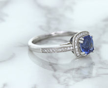 Load image into Gallery viewer, 1.36ct Cushion Blue Sapphire Ring with Diamond Halo in 14K White Gold