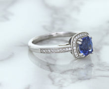 Load image into Gallery viewer, 1.36ct Cushion Blue Sapphire Ring with Diamond Halo in 14K White Gold