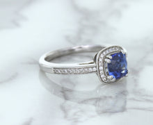 Load image into Gallery viewer, 1.36ct Cushion Blue Sapphire Ring with Diamond Halo in 14K White Gold