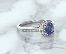 Load image into Gallery viewer, 1.36ct Cushion Blue Sapphire Ring with Diamond Halo in 14K White Gold