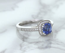 Load image into Gallery viewer, 1.36ct Cushion Blue Sapphire Ring with Diamond Halo in 14K White Gold