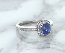Load image into Gallery viewer, 1.36ct Cushion Blue Sapphire Ring with Diamond Halo in 14K White Gold
