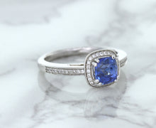 Load image into Gallery viewer, 1.36ct Cushion Blue Sapphire Ring with Diamond Halo in 14K White Gold