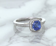 Load image into Gallery viewer, 1.36ct Cushion Blue Sapphire Ring with Diamond Halo in 14K White Gold