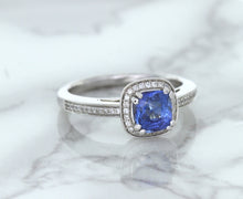 Load image into Gallery viewer, 1.36ct Cushion Blue Sapphire Ring with Diamond Halo in 14K White Gold
