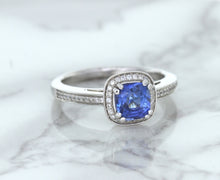 Load image into Gallery viewer, 1.36ct Cushion Blue Sapphire Ring with Diamond Halo in 14K White Gold