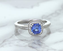 Load image into Gallery viewer, 1.36ct Cushion Blue Sapphire Ring with Diamond Halo in 14K White Gold