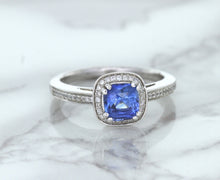 Load image into Gallery viewer, 1.36ct Cushion Blue Sapphire Ring with Diamond Halo in 14K White Gold
