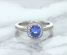 Load image into Gallery viewer, 1.36ct Cushion Blue Sapphire Ring with Diamond Halo in 14K White Gold