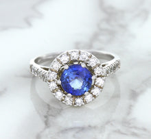 Load image into Gallery viewer, 1.46ct Round Blue Sapphire Ring with Diamond Halo in 14K White Gold