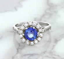 Load image into Gallery viewer, 1.46ct Round Blue Sapphire Ring with Diamond Halo in 14K White Gold
