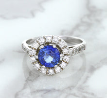 Load image into Gallery viewer, 1.46ct Round Blue Sapphire Ring with Diamond Halo in 14K White Gold