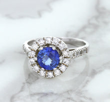 Load image into Gallery viewer, 1.46ct Round Blue Sapphire Ring with Diamond Halo in 14K White Gold