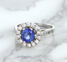 Load image into Gallery viewer, 1.46ct Round Blue Sapphire Ring with Diamond Halo in 14K White Gold