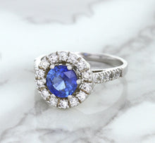 Load image into Gallery viewer, 1.46ct Round Blue Sapphire Ring with Diamond Halo in 14K White Gold