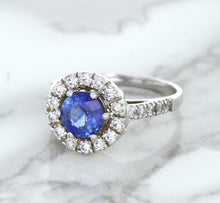Load image into Gallery viewer, 1.46ct Round Blue Sapphire Ring with Diamond Halo in 14K White Gold