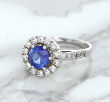Load image into Gallery viewer, 1.46ct Round Blue Sapphire Ring with Diamond Halo in 14K White Gold