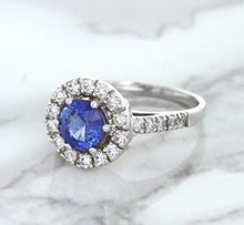 Load image into Gallery viewer, 1.46ct Round Blue Sapphire Ring with Diamond Halo in 14K White Gold