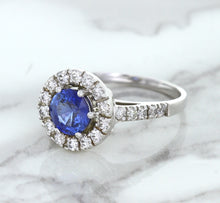 Load image into Gallery viewer, 1.46ct Round Blue Sapphire Ring with Diamond Halo in 14K White Gold