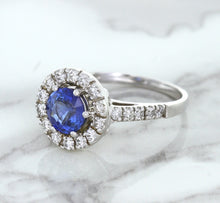 Load image into Gallery viewer, 1.46ct Round Blue Sapphire Ring with Diamond Halo in 14K White Gold