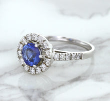 Load image into Gallery viewer, 1.46ct Round Blue Sapphire Ring with Diamond Halo in 14K White Gold