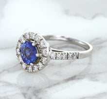 Load image into Gallery viewer, 1.46ct Round Blue Sapphire Ring with Diamond Halo in 14K White Gold