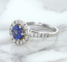 Load image into Gallery viewer, 1.46ct Round Blue Sapphire Ring with Diamond Halo in 14K White Gold