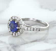 Load image into Gallery viewer, 1.46ct Round Blue Sapphire Ring with Diamond Halo in 14K White Gold