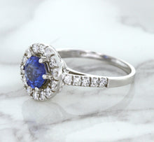 Load image into Gallery viewer, 1.46ct Round Blue Sapphire Ring with Diamond Halo in 14K White Gold