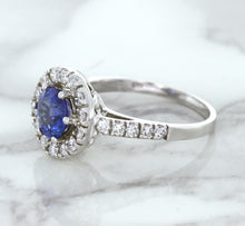 Load image into Gallery viewer, 1.46ct Round Blue Sapphire Ring with Diamond Halo in 14K White Gold