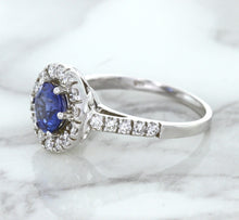Load image into Gallery viewer, 1.46ct Round Blue Sapphire Ring with Diamond Halo in 14K White Gold