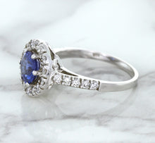 Load image into Gallery viewer, 1.46ct Round Blue Sapphire Ring with Diamond Halo in 14K White Gold