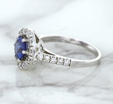 Load image into Gallery viewer, 1.46ct Round Blue Sapphire Ring with Diamond Halo in 14K White Gold