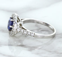 Load image into Gallery viewer, 1.46ct Round Blue Sapphire Ring with Diamond Halo in 14K White Gold